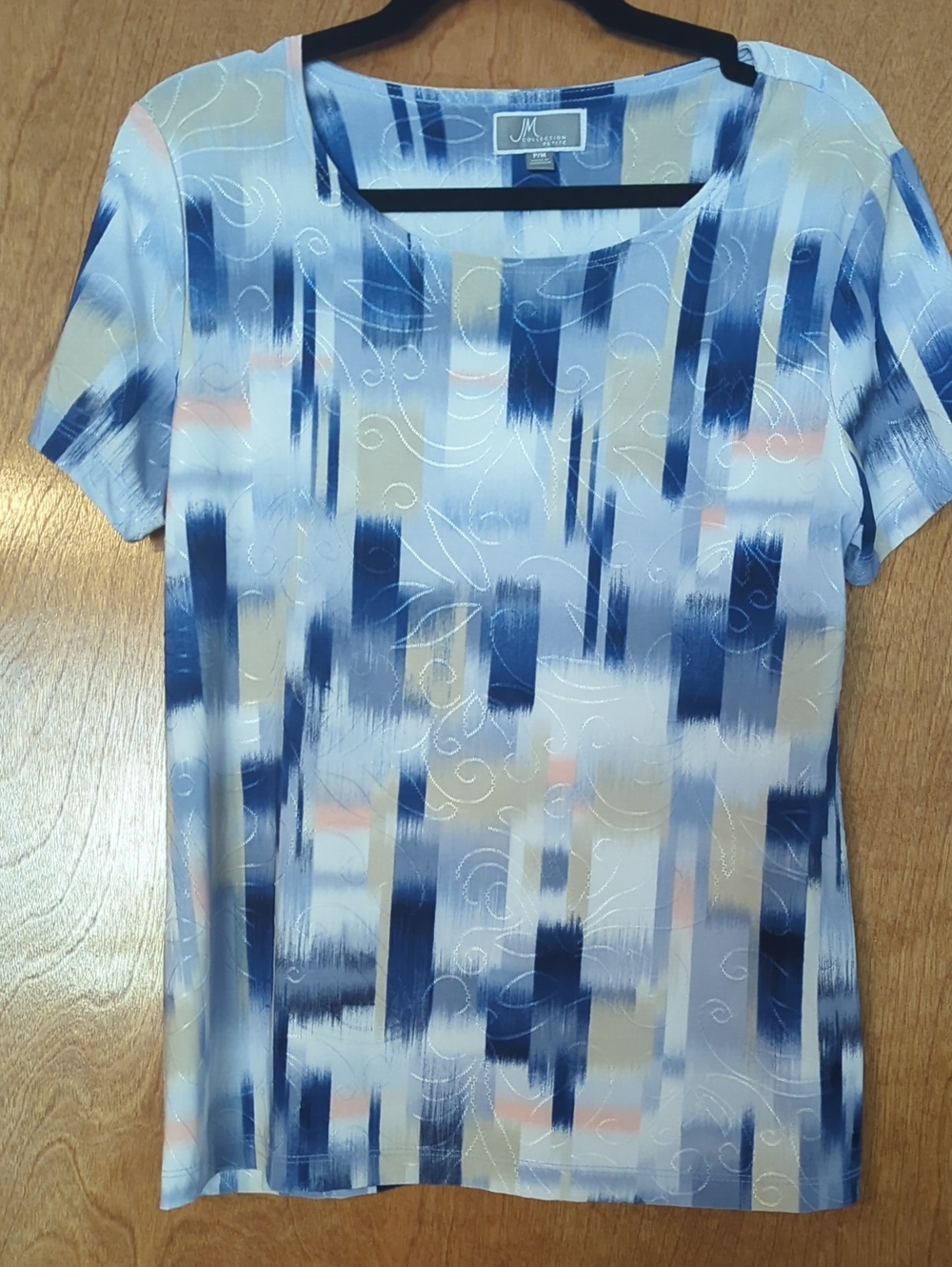 JM Collection Navy, Light Blue and Beige Abstract Short Sleeve Tee